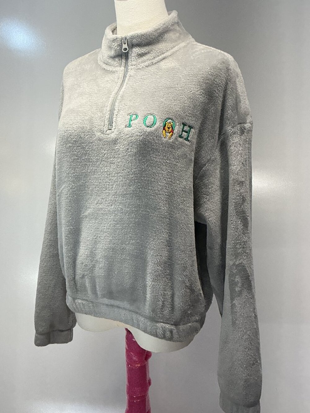 Disney XS Gray Pooh Quarter Zip Plush Fleece Mock Neck Top Pullover Sweatshirt - Picture 5 of 14
